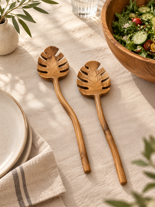 two wooden serving spoons with leaf-shaped designs, placed on a table next to a bowl of salad.