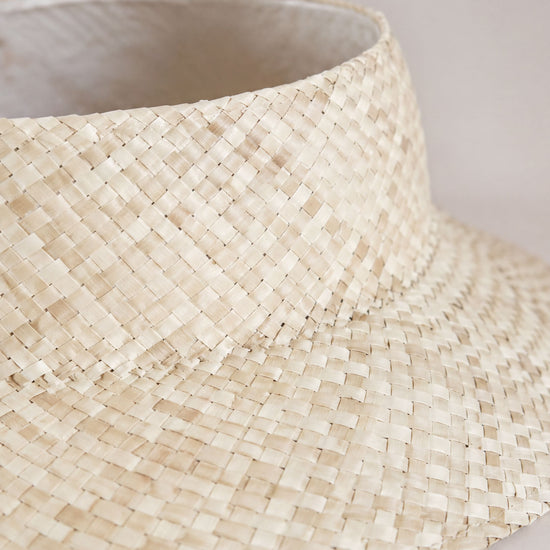 A close-up view of a straw hat with a woven pattern.