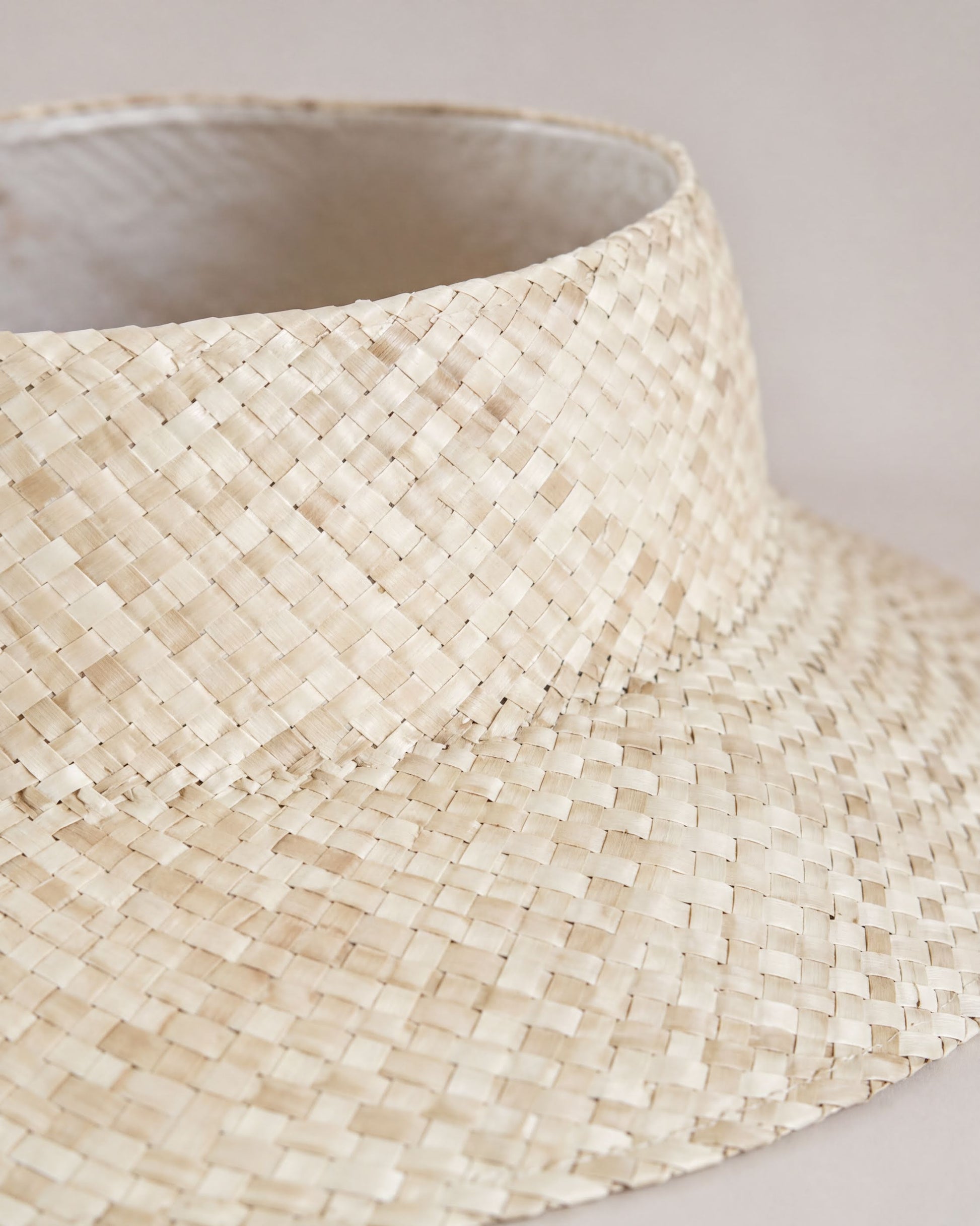 A close-up view of a straw hat with a woven pattern.
