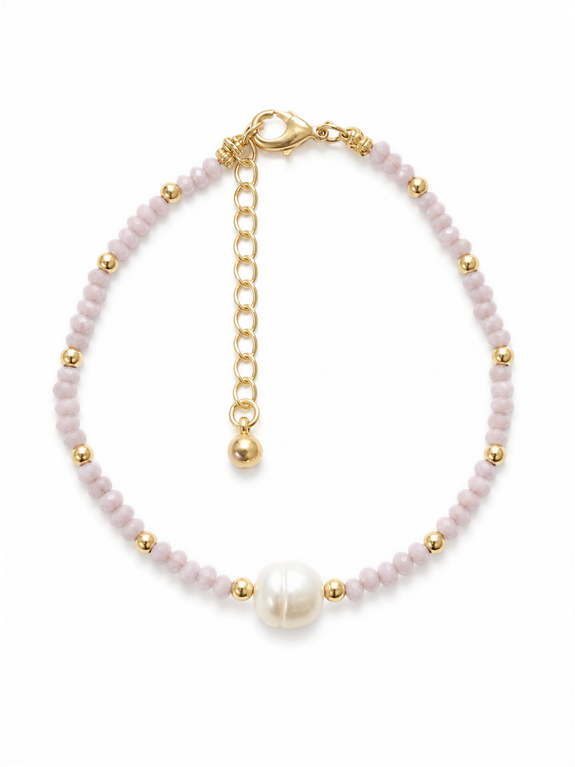 A delicate necklace with a combination of pink beads and a large white pearl at the center.