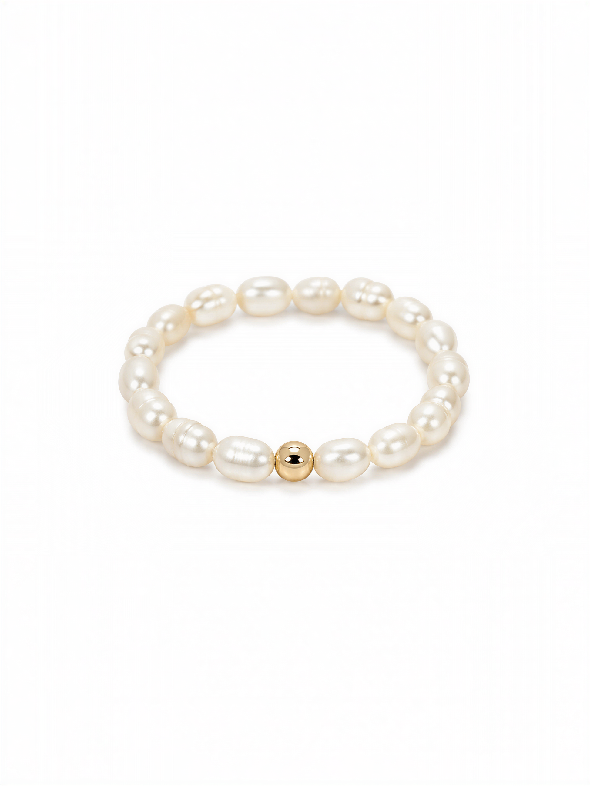 A bracelet made of white pearls and a single gold-colored bead.