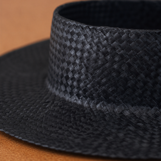 A close-up view of a black woven hat with a distinctive pattern.