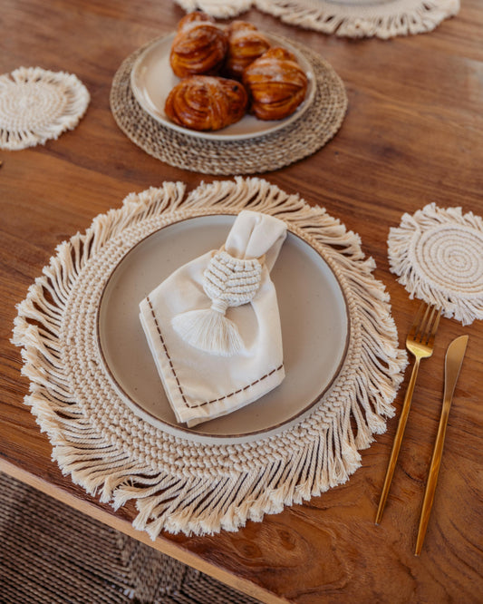 Cotton Macrame Napkins and Rings Set of 6 handmade by Village Thrive using natural materials.