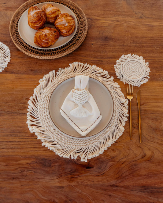 Cotton Macrame Napkins and Rings Set of 6
