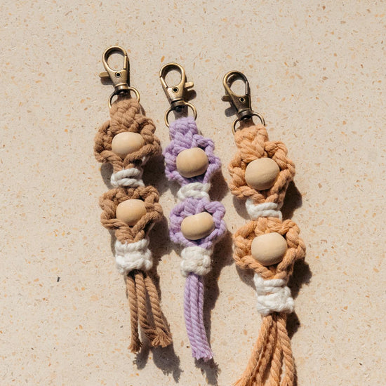 Flora Macrame Keychain handmade by Village Thrive using natural materials.