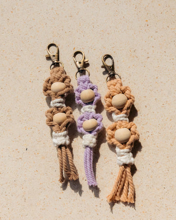 Flora Macrame Keychain handmade by Village Thrive using natural materials.
