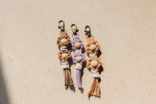 Flora Macrame Keychain handmade by Village Thrive using natural materials.