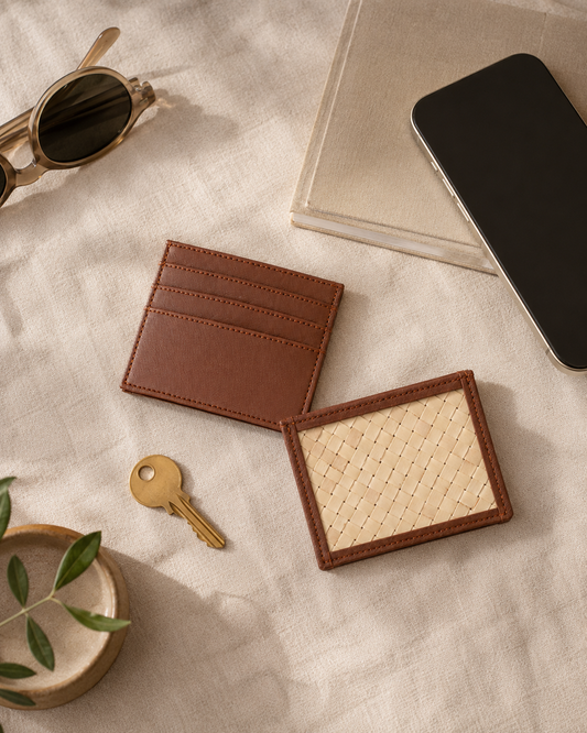 Cove Rattan & Leather Card Sleeve Wallet