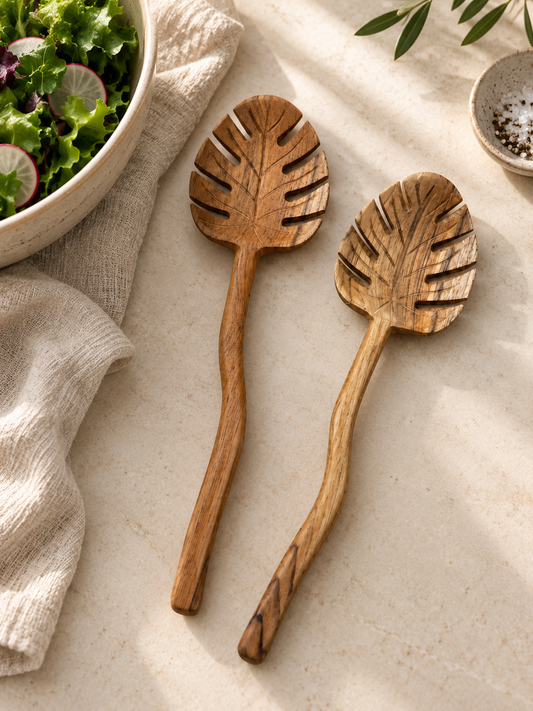 Teak Monstera Salad Serving Set