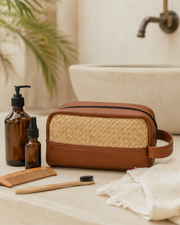 Cove Rattan & Leather Amenity Bag