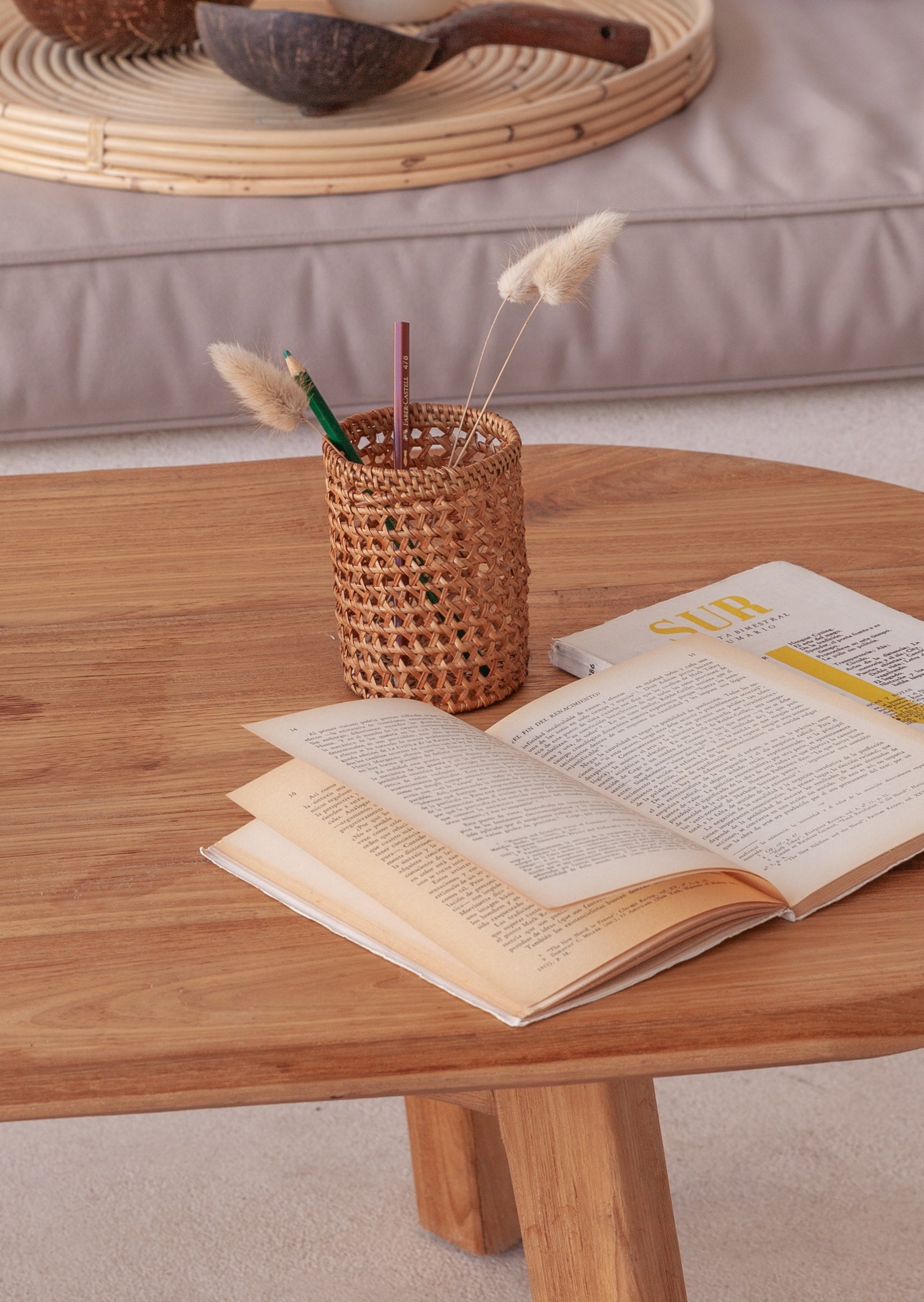 Rattan Pencil Holder handmade by Village Thrive using natural materials.