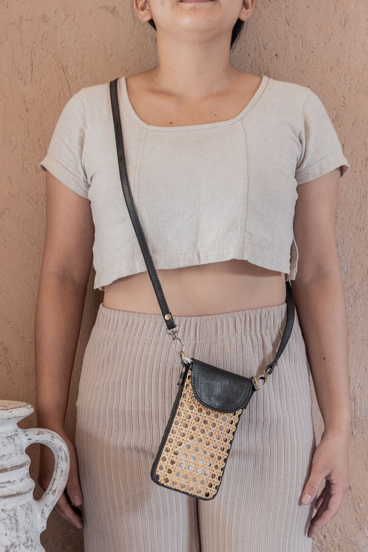 Nia Leather and Rattan Phone Sling