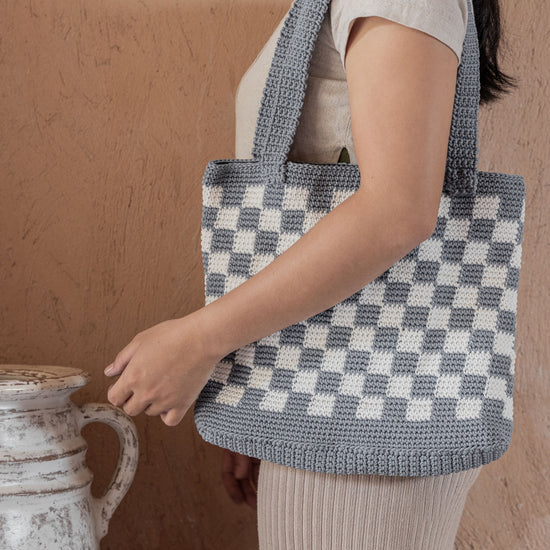 Checkered Crochet Tote Bag PREORDER handmade by Village Thrive using natural materials.