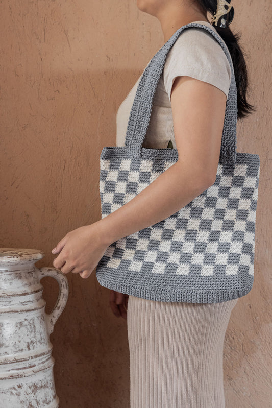 Checkered Crochet Tote Bag PREORDER handmade by Village Thrive using natural materials.