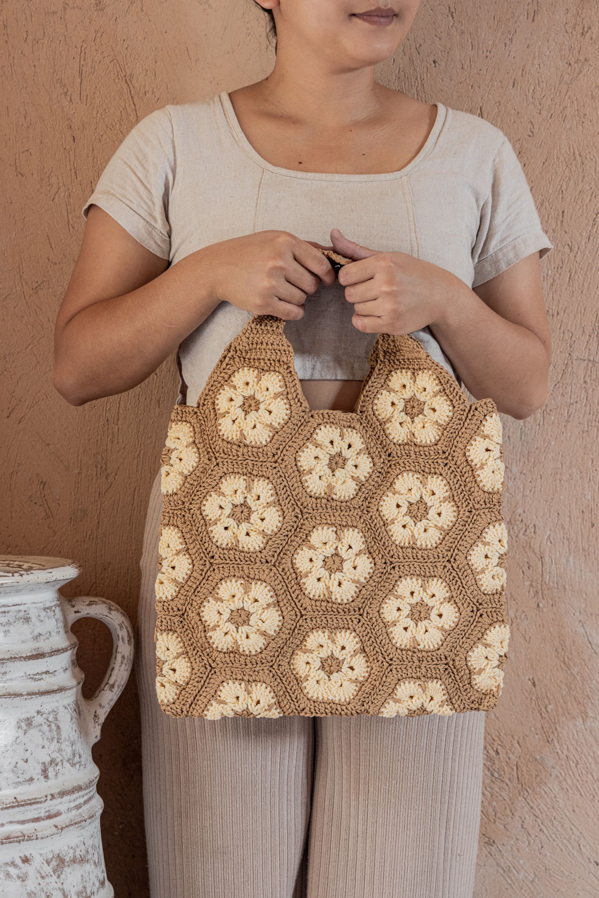 Flower Crochet Shoulder Bag PREORDER handmade by Village Thrive using natural materials.