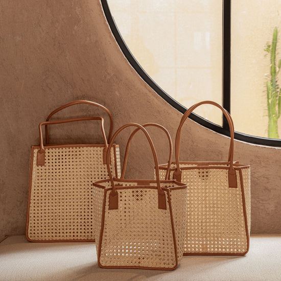Citra Leather and Rattan Tote Bag handmade by Village Thrive using natural materials.