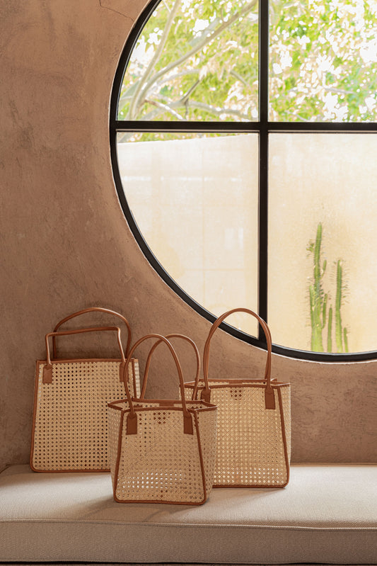 Citra Leather and Rattan Tote Bag handmade by Village Thrive using natural materials.