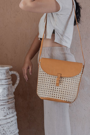 Rumi Leather and Cane Bucket Bag