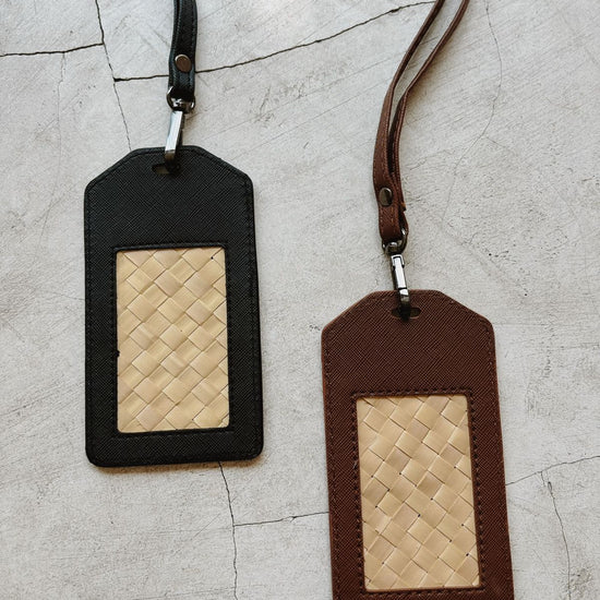 Cove Rattan & Leather ID Lanyard handmade by Village Thrive using natural materials.