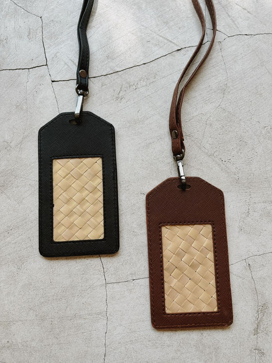 Cove Rattan & Leather ID Lanyard handmade by Village Thrive using natural materials.