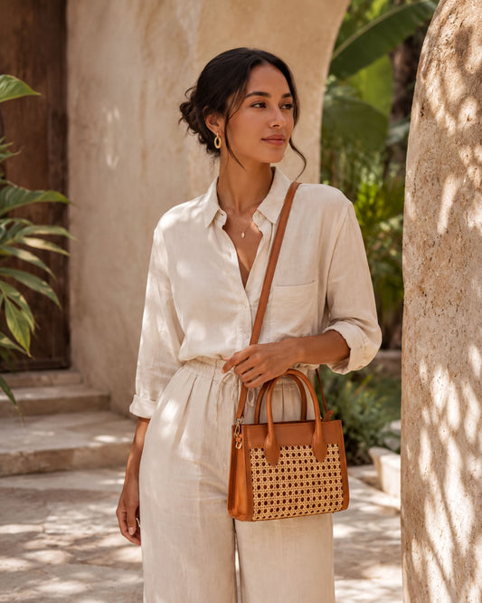 A woman in a white outfit stands in front of a stone archway, holding a woven purse.