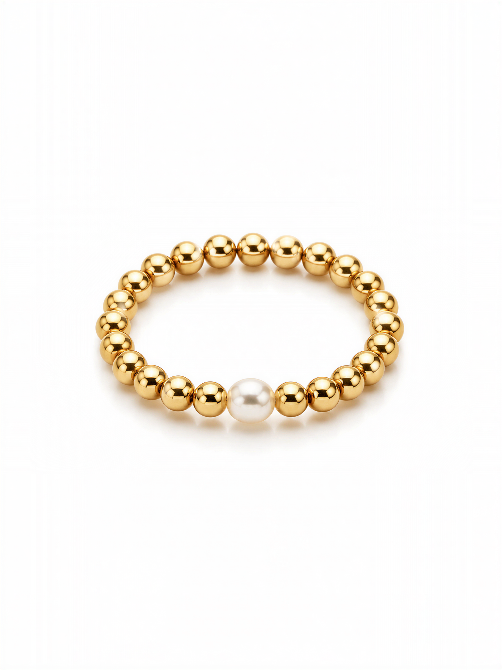 A gold-colored bracelet with a single pearl bead in the center.