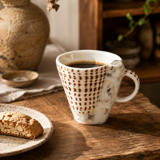 A white mug with brown polka dots filled with coffee sits on a wooden table, accompanied by a plate of cookies.