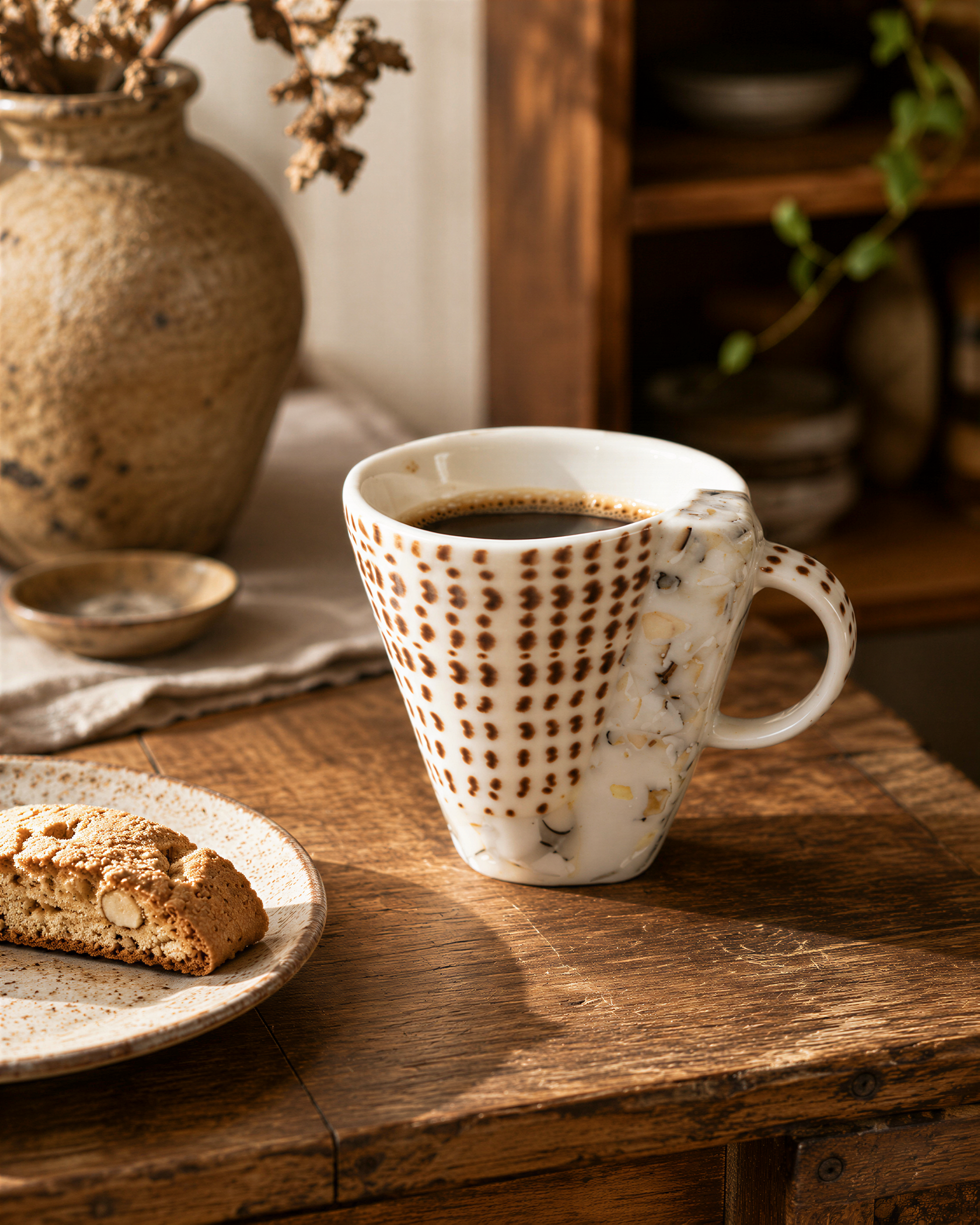 A white mug with brown polka dots filled with coffee sits on a wooden table, accompanied by a plate of cookies.