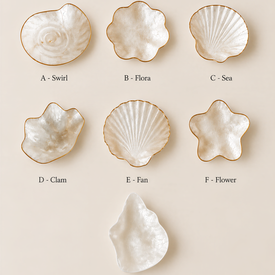 a collection of seven different types of seashells, each with unique shapes and sizes, arranged in a grid-like pattern.