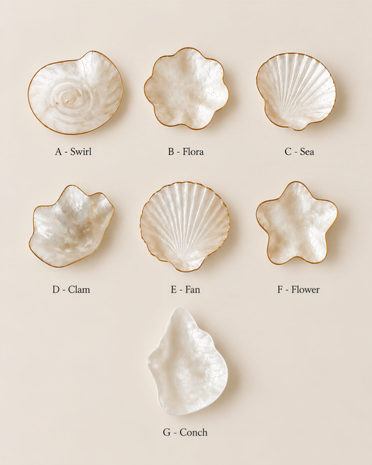 a collection of seven different types of seashells, each with unique shapes and sizes, arranged in a grid-like pattern.