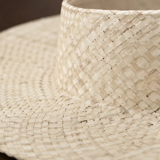 A close-up view of a woven straw hat, showcasing its intricate pattern and texture.