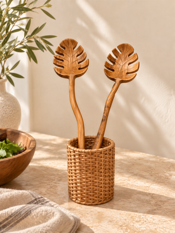 a wicker basket holding two wooden spoons with leaf-shaped handles, placed on a table with a bowl of greens and a vase of greenery in the background.