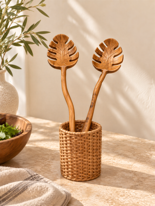 a wicker basket holding two wooden spoons with leaf-shaped handles, placed on a table with a bowl of greens and a vase of greenery in the background.