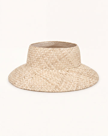 A straw hat with a woven pattern.