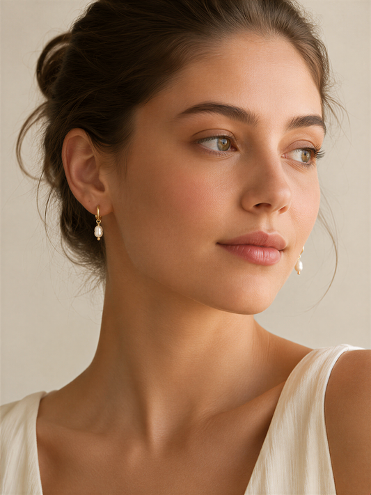 A close-up portrait of a woman with dark hair, wearing a white top and earrings with a pearl design.