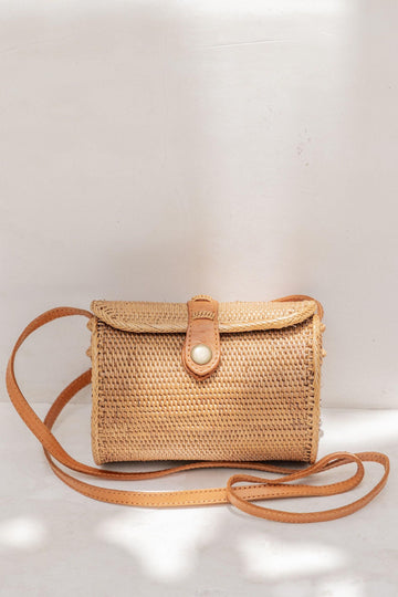 Circle Rattan Purse: Handmade Bali Bag with Leather Strap