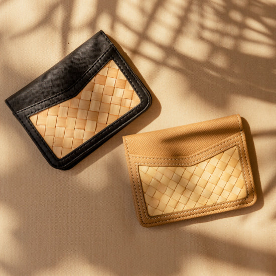 Cove Rattan & Leather Compact Wallet handmade by Village Thrive using natural materials.
