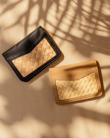 Cove Rattan & Leather Compact Wallet handmade by Village Thrive using natural materials.