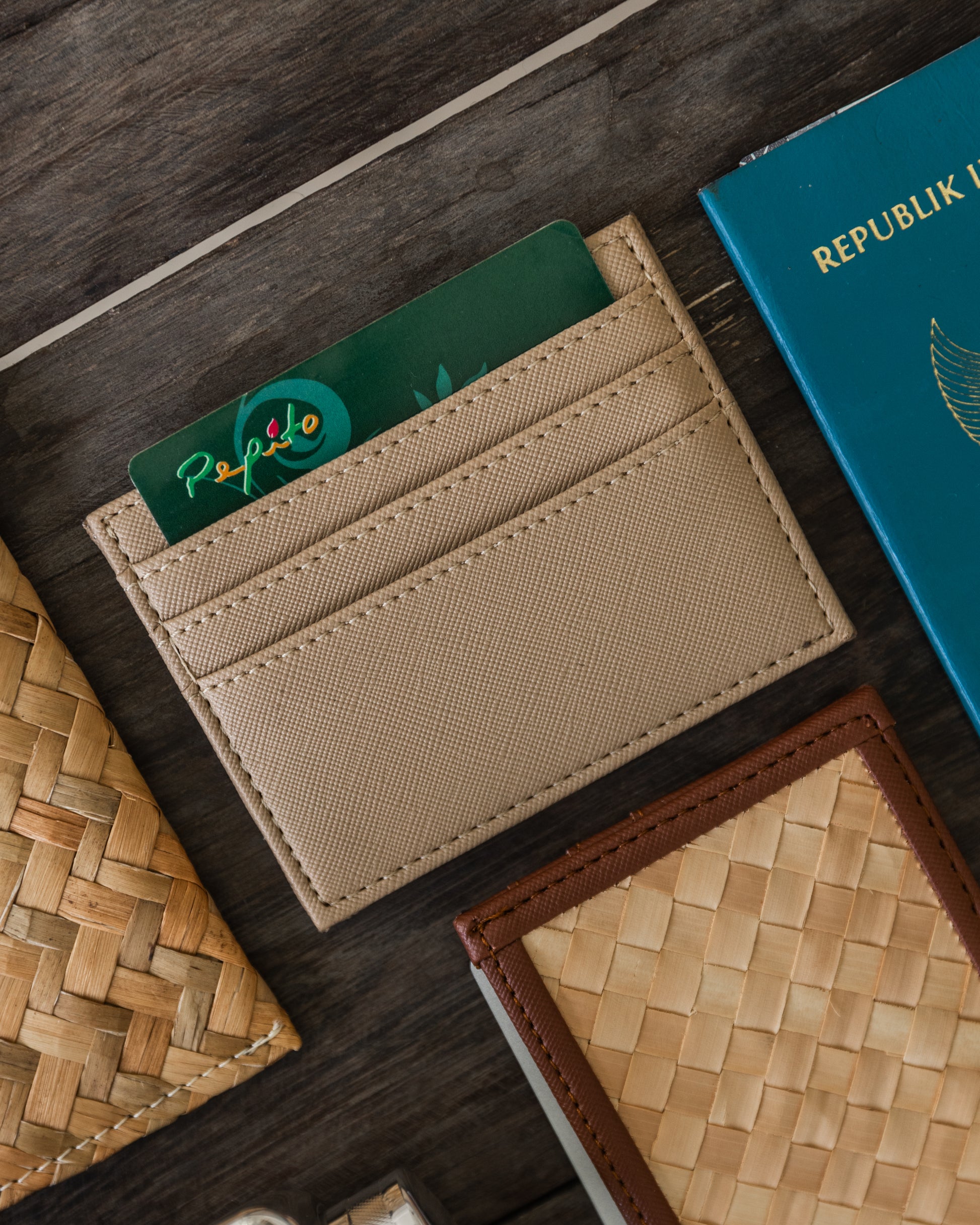 Cove Rattan & Leather Card Sleeve Wallet handmade by Village Thrive using natural materials.