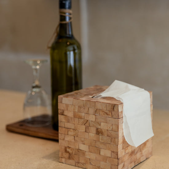 Wooden Tissue Box Cover handmade by Village Thrive using natural materials.