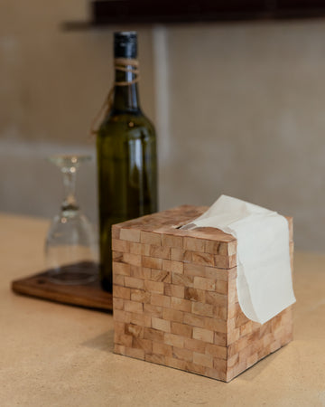 Wooden Tissue Box Cover handmade by Village Thrive using natural materials.