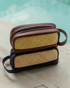 Cove Rattan & Leather Toiletry Bag