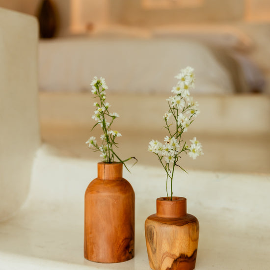 Teak Flower Vases handmade by Village Thrive using natural materials.