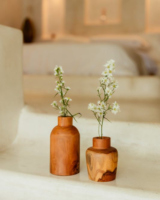 Teak Flower Vases handmade by Village Thrive using natural materials.