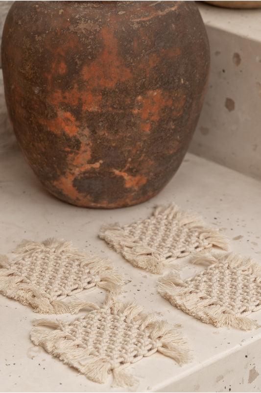 Kotak Macrame Coaster Set handmade by Village Thrive using natural materials.