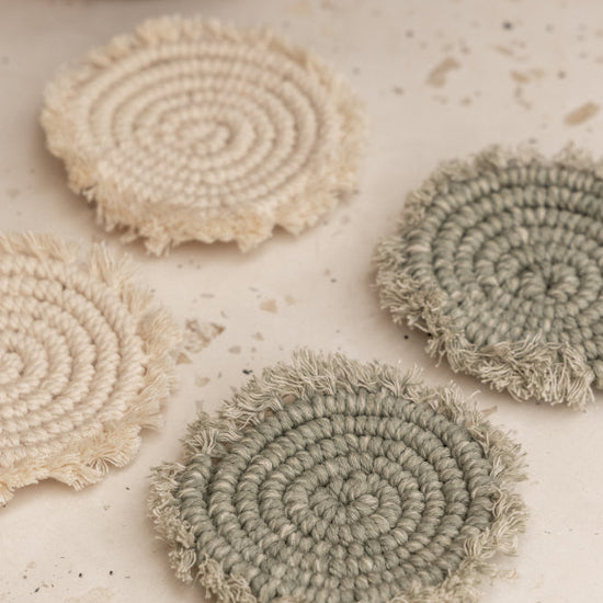 Natural Mixed Coaster Set handmade by Village Thrive using natural materials.