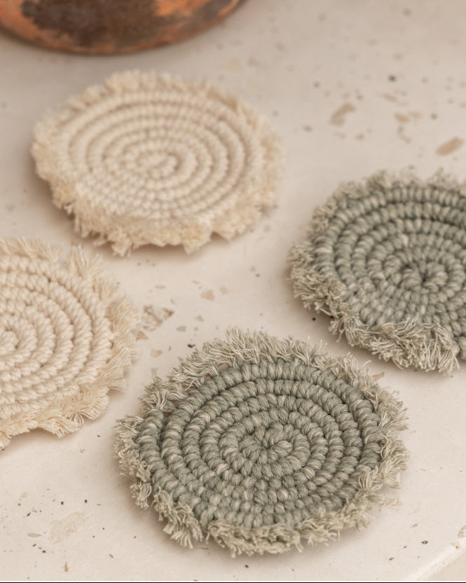Natural Mixed Coaster Set handmade by Village Thrive using natural materials.