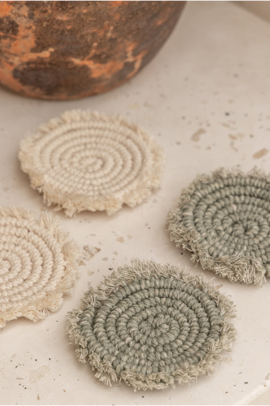 Natural Mixed Coaster Set handmade by Village Thrive using natural materials.