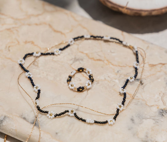 Flora Beaded Necklace and Ring Set handmade by Village Thrive using natural materials.