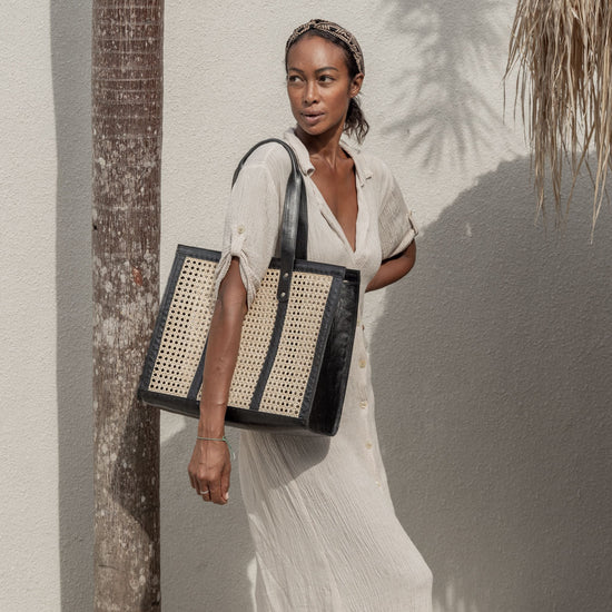 Raja Leather and Cane Everyday Bag handmade by Village Thrive using natural materials.